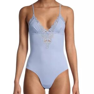 FLEUR DU MAL Lily Lace Knit Bodysuit in Pastel Sky Blue S Small